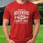 Bushwood Caddy Day Tee worn on the golf course, Red