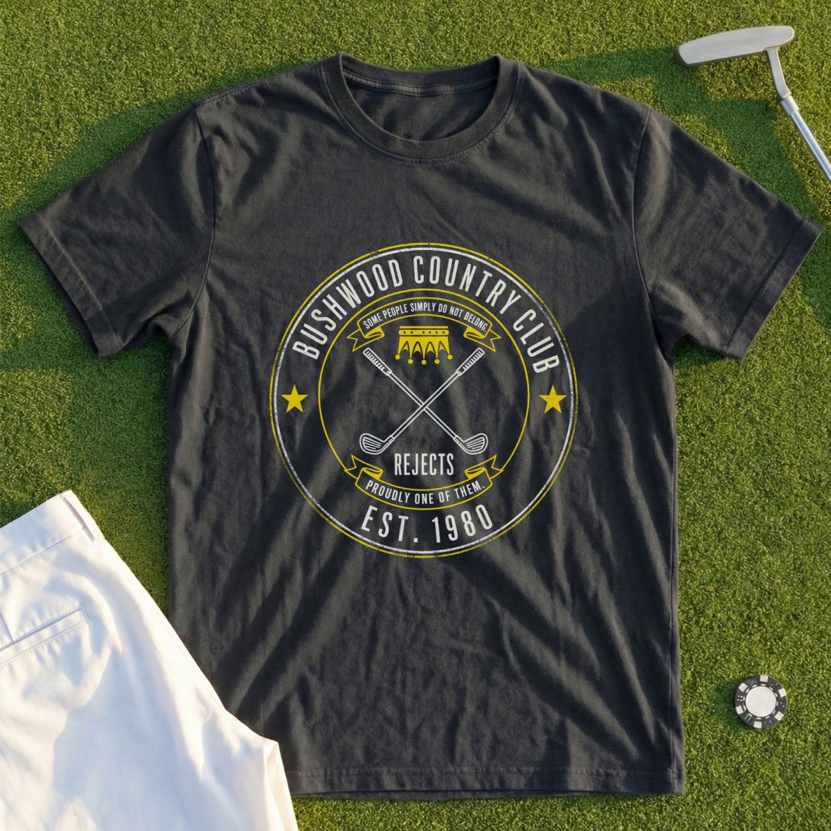 Bushwood Country Club Est. 1980 graphic t-shirt with crossed golf clubs.