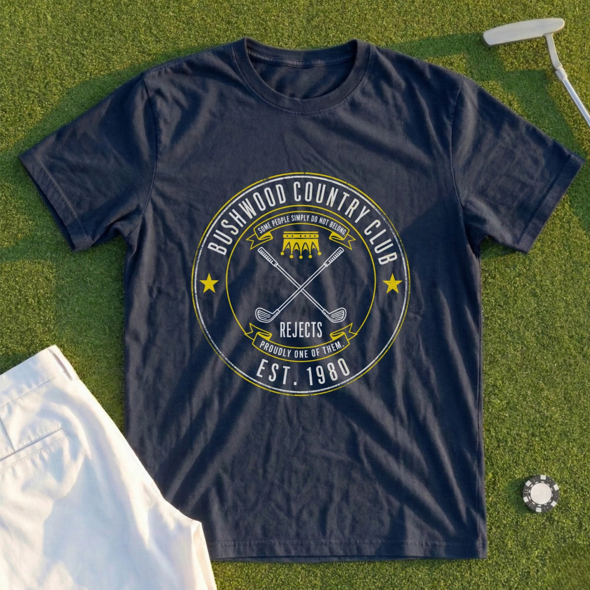 Navy t-shirt with distressed "Bushwood Country Club" logo, golf clubs, and text.