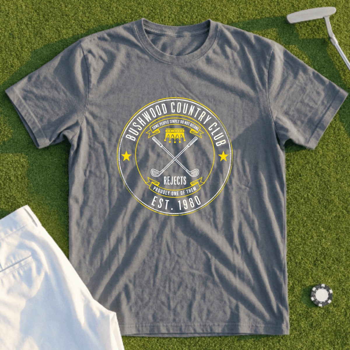 Grey t-shirt with "Bushwood Country Club" logo and "Est. 1980".