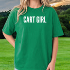 CART GIRL Dimples Tee worn on the golf course, Irish Green
