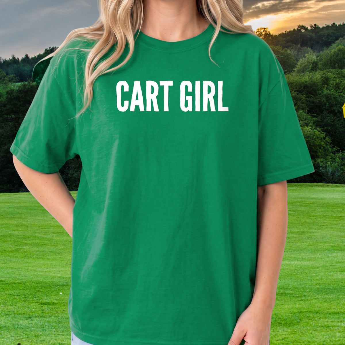 CART GIRL Dimples Tee worn on the golf course, Irish Green