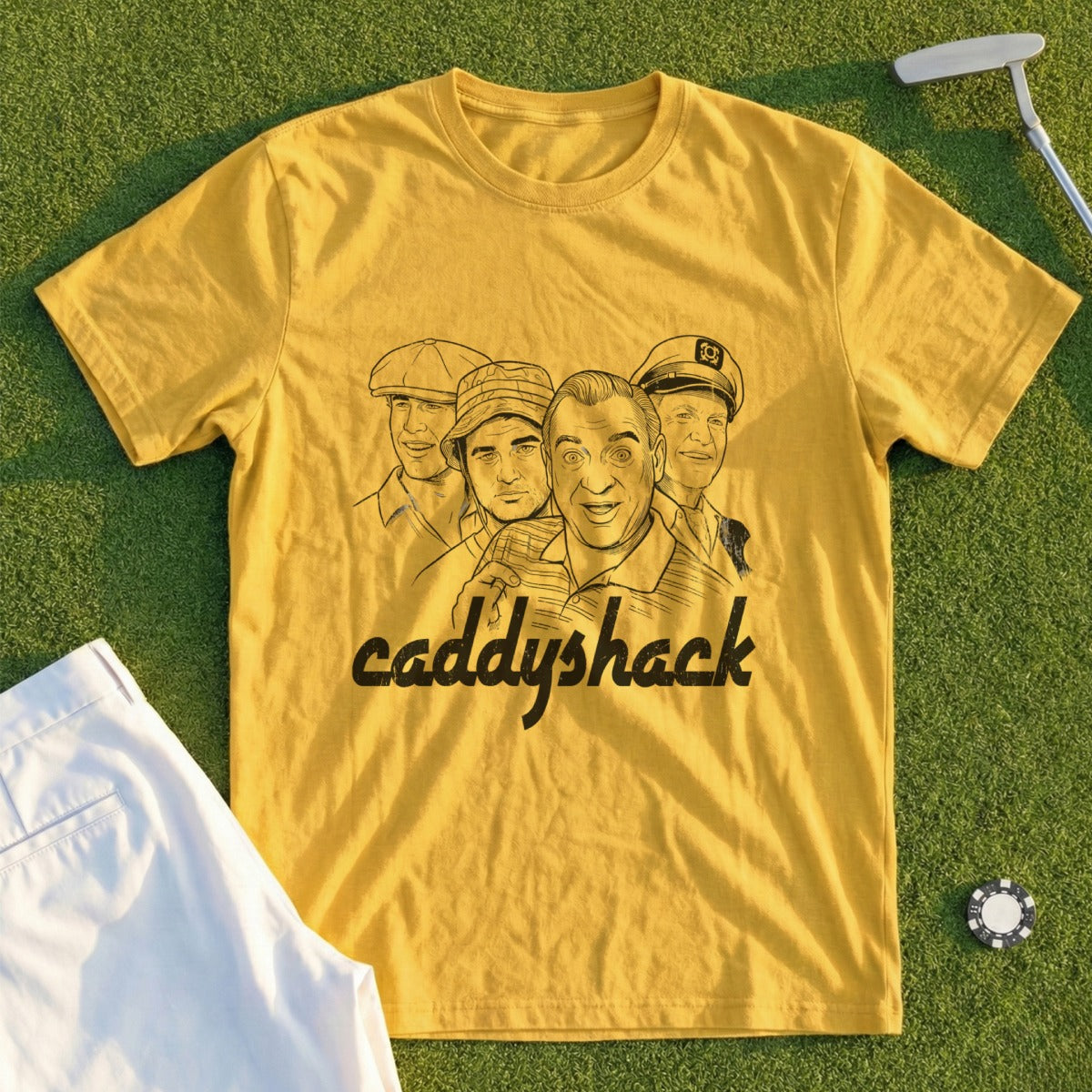 Caddyshack t-shirt with cartoon characters and golf course background.