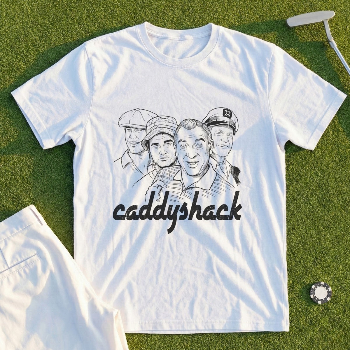 Caddyshack t-shirt featuring a black and white sketch of four characters.