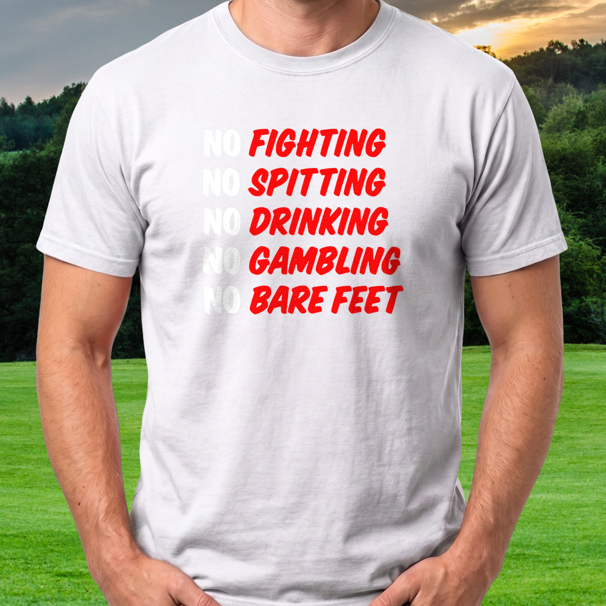 Caddyshack Rules Tee worn on the golf course, White