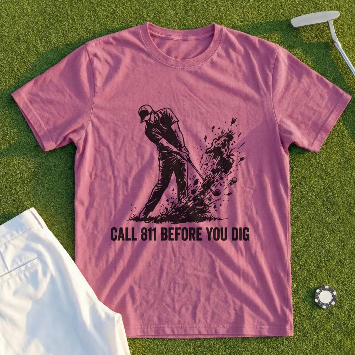 Rose t-shirt with golfer illustration and text "CALL 811 BEFORE YOU DIG".