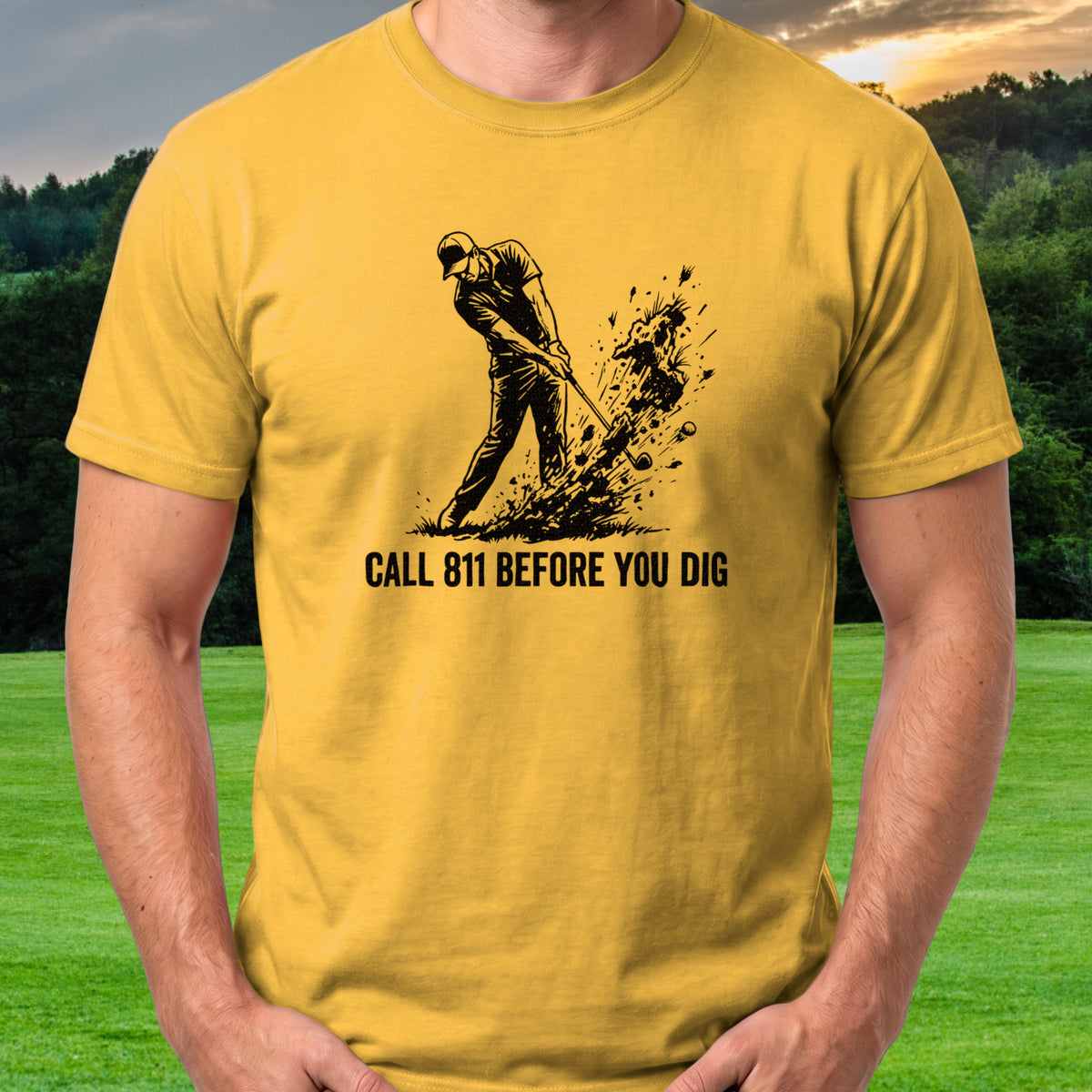 Call 811 Before You Dig Tee worn on the golf course, Daisy