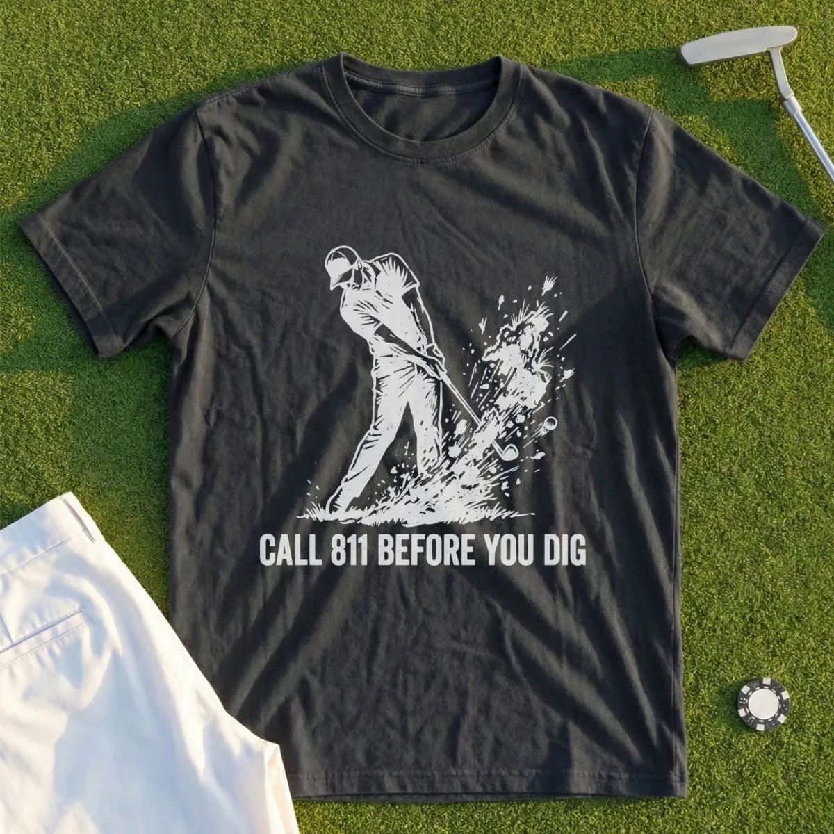 Dark t-shirt with graphic of golfer mid-swing, "CALL 811 BEFORE YOU DIG" text.
