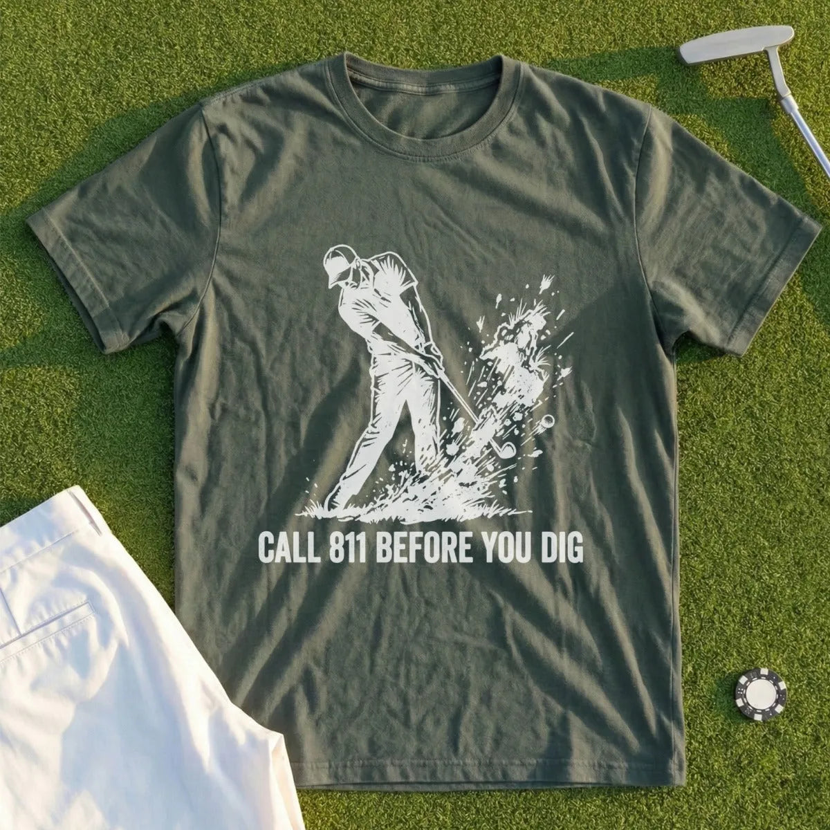 Green t-shirt with graphic of golfer mid-swing, text "CALL 811 BEFORE YOU DIG".