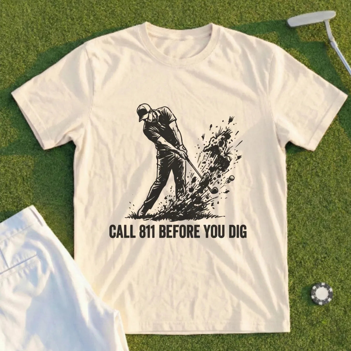 Cream t-shirt with golfer graphic and "Call 811 Before You Dig" text.