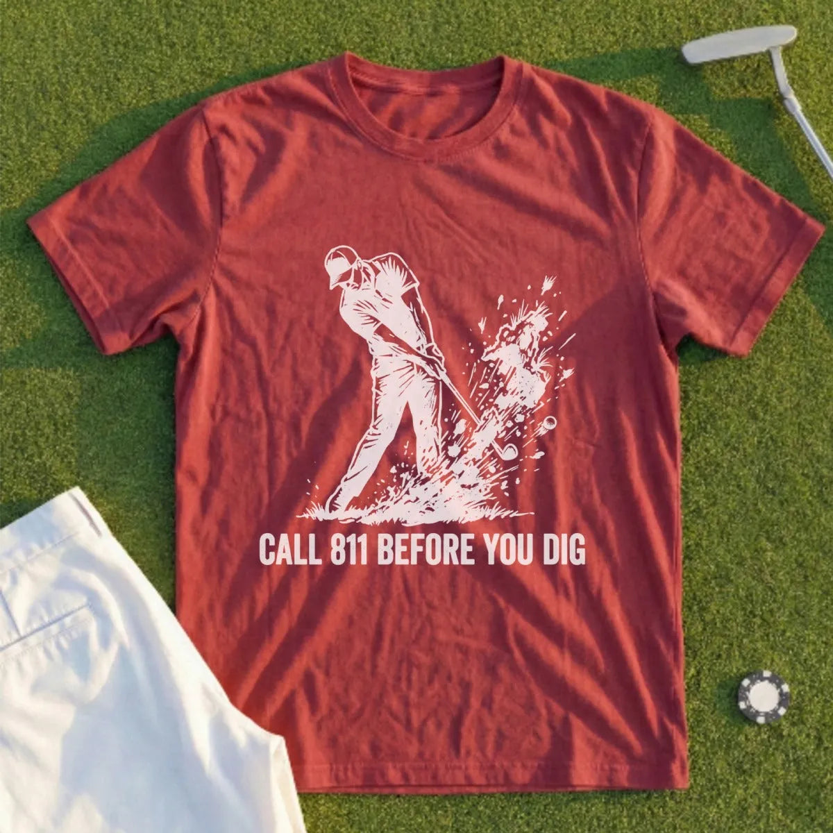 Maroon t-shirt with graphic of golfer and text "CALL 811 BEFORE YOU DIG".