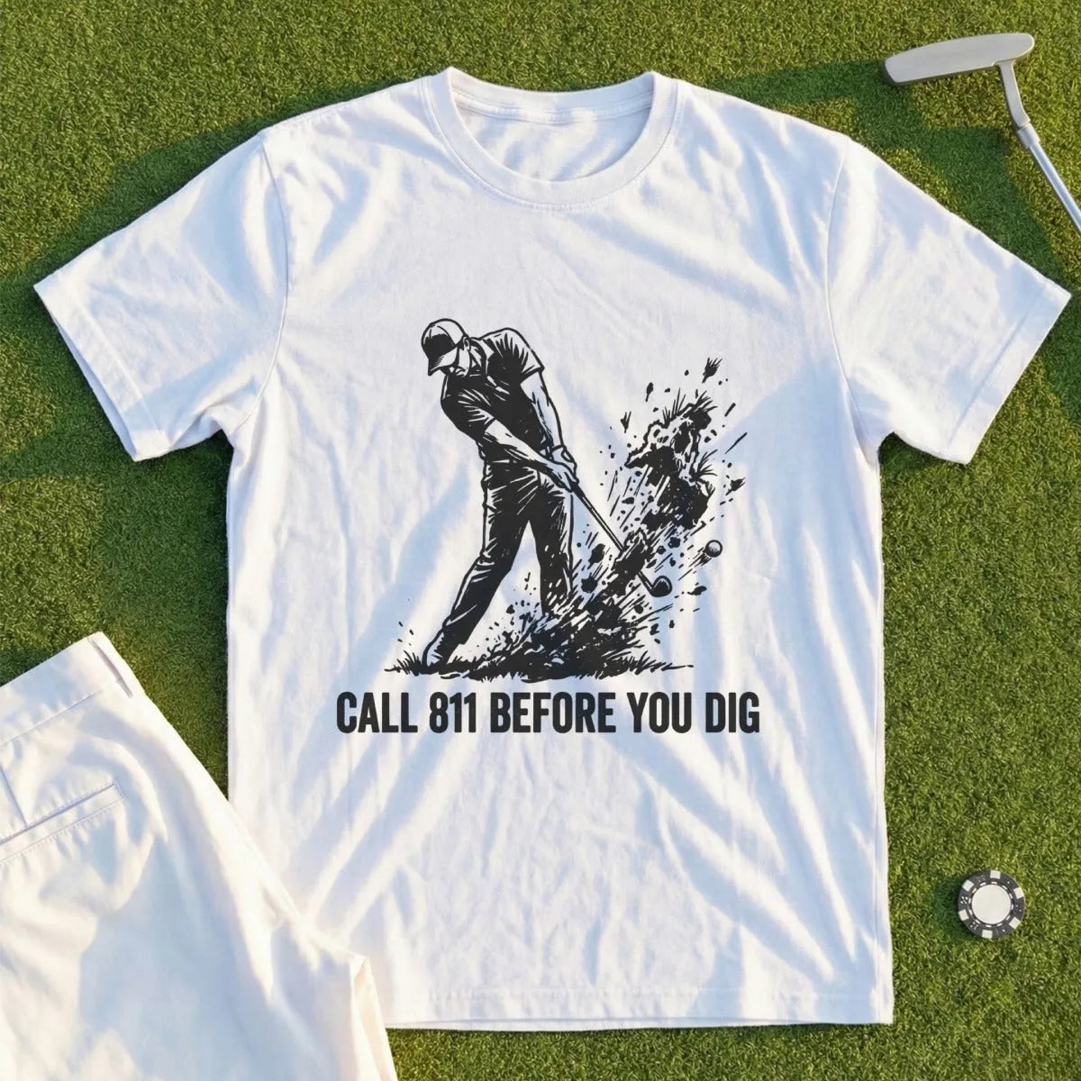 White t-shirt with golfer graphic and "CALL 811 BEFORE YOU DIG" text.