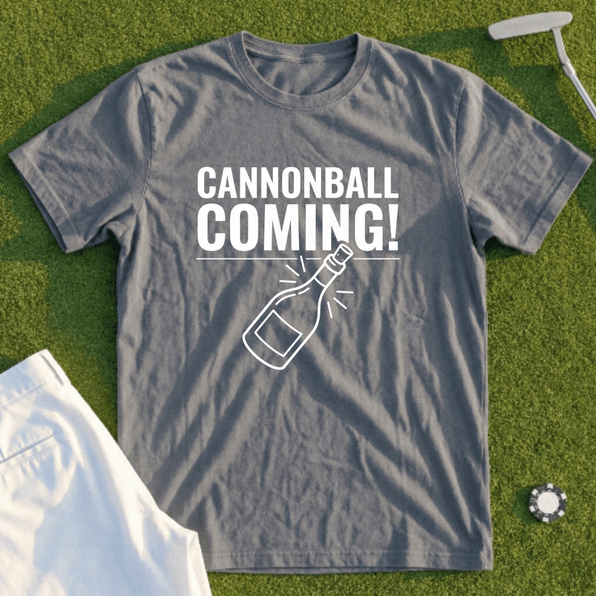 Grey t-shirt with "CANNONBALL COMING!" and bottle graphic.