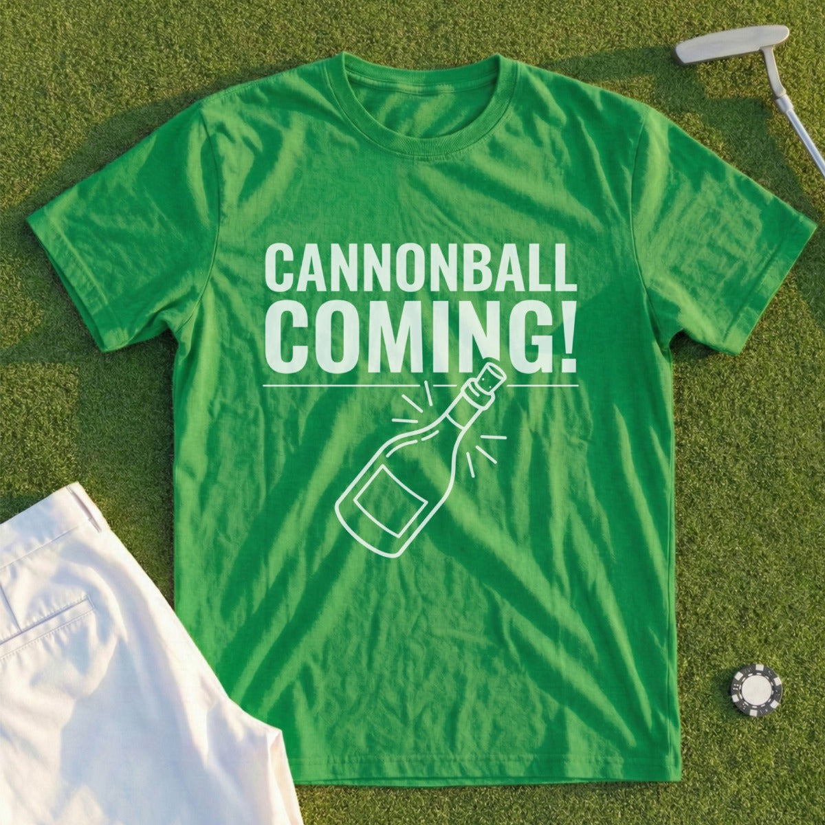 Green t-shirt with "CANNONBALL COMING!" and a bottle graphic.