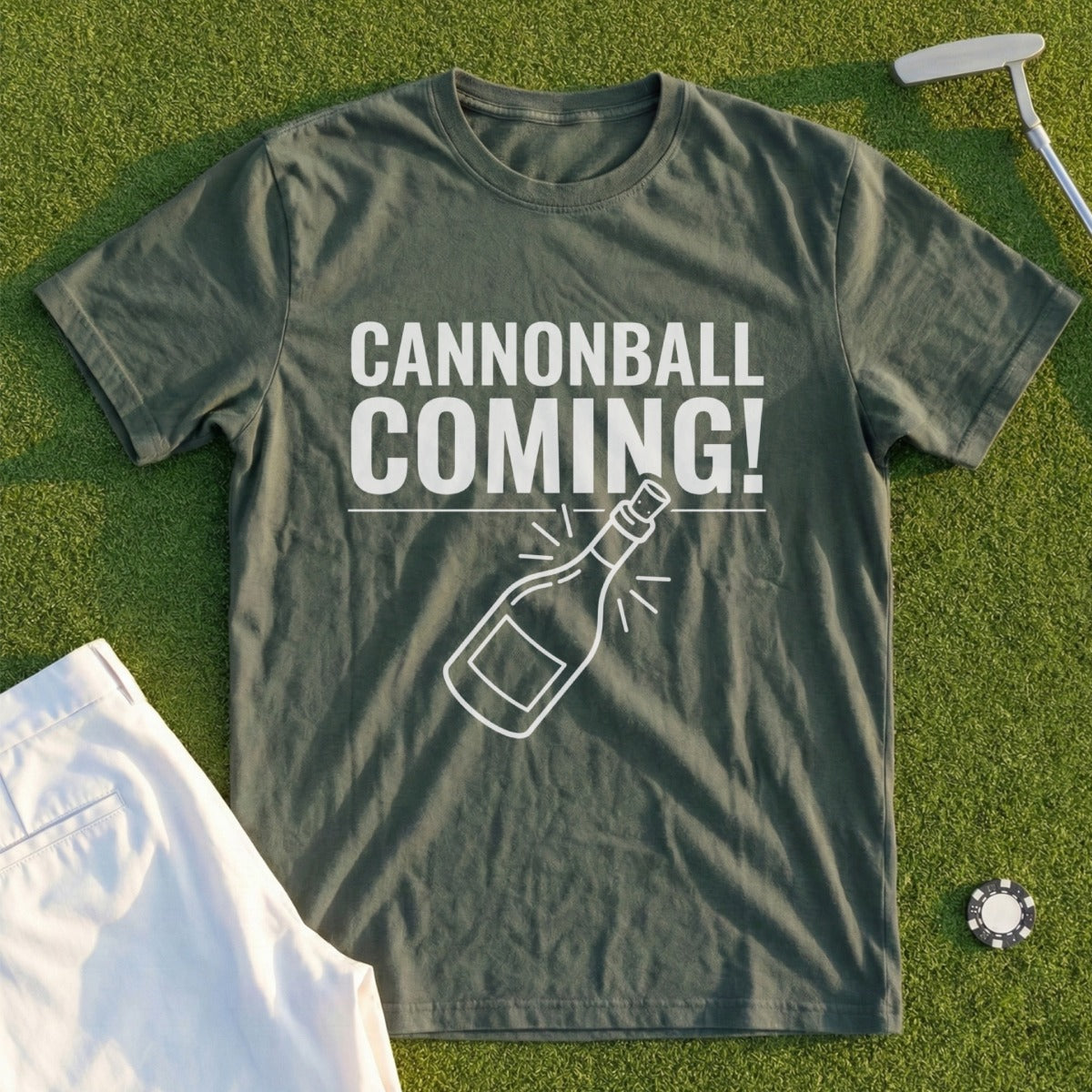 Olive green t-shirt with "Cannonball Coming!" and a bottle graphic.