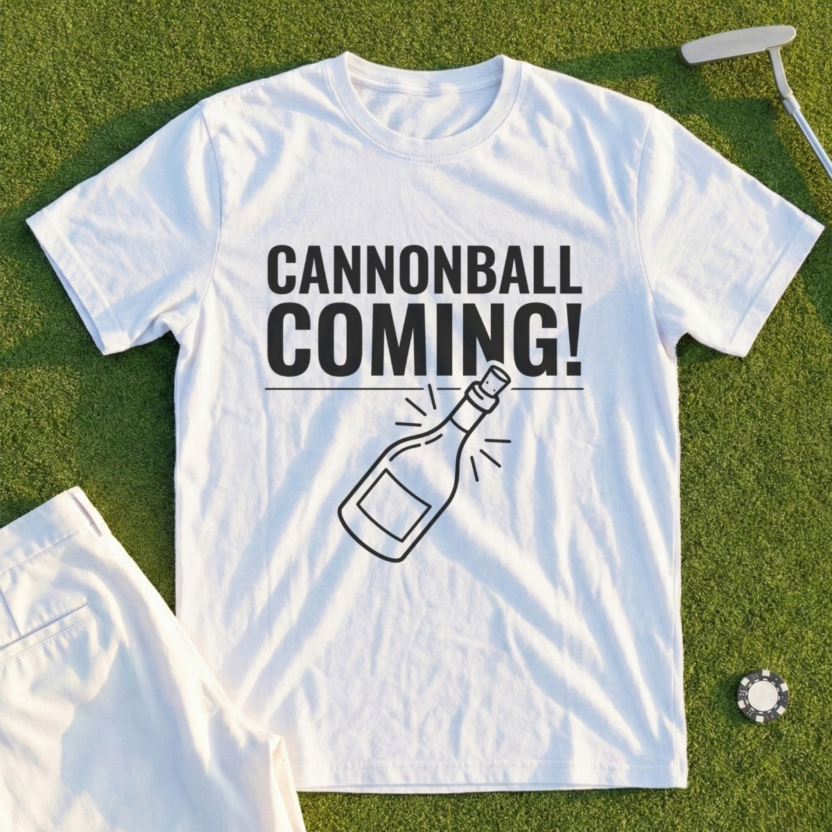 White t-shirt with "Cannonball Coming!" and champagne bottle graphic.