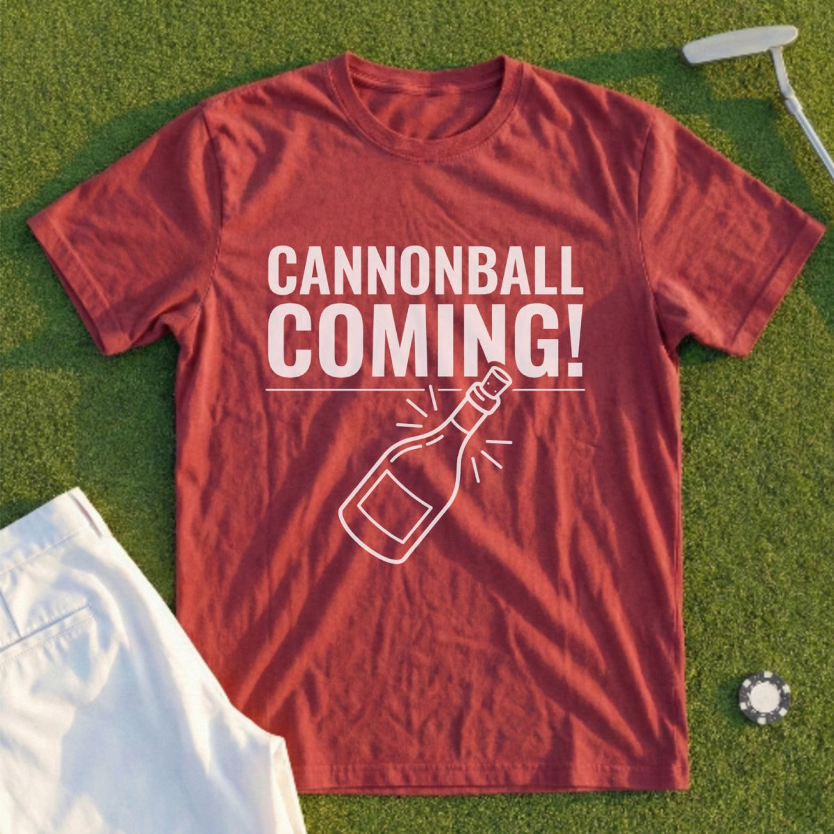 Maroon t-shirt with white text and bottle graphic, "CANNONBALL COMING!".