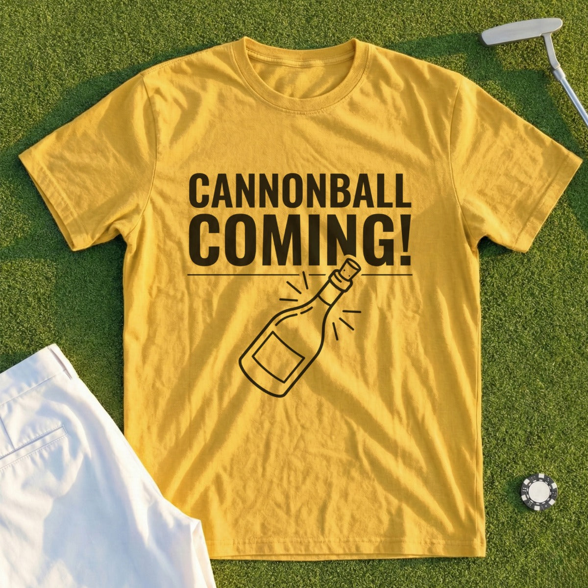 Yellow t-shirt with "CANNONBALL COMING!" text and a bottle graphic.