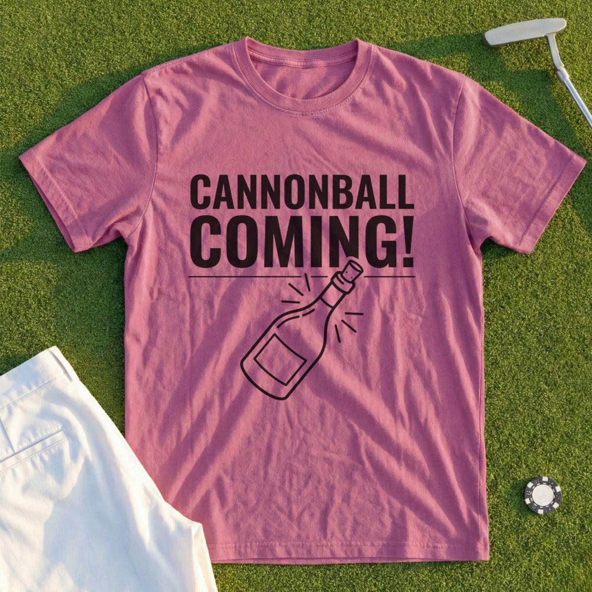 Rose t-shirt with "CANNONBALL COMING!" and a bottle graphic.