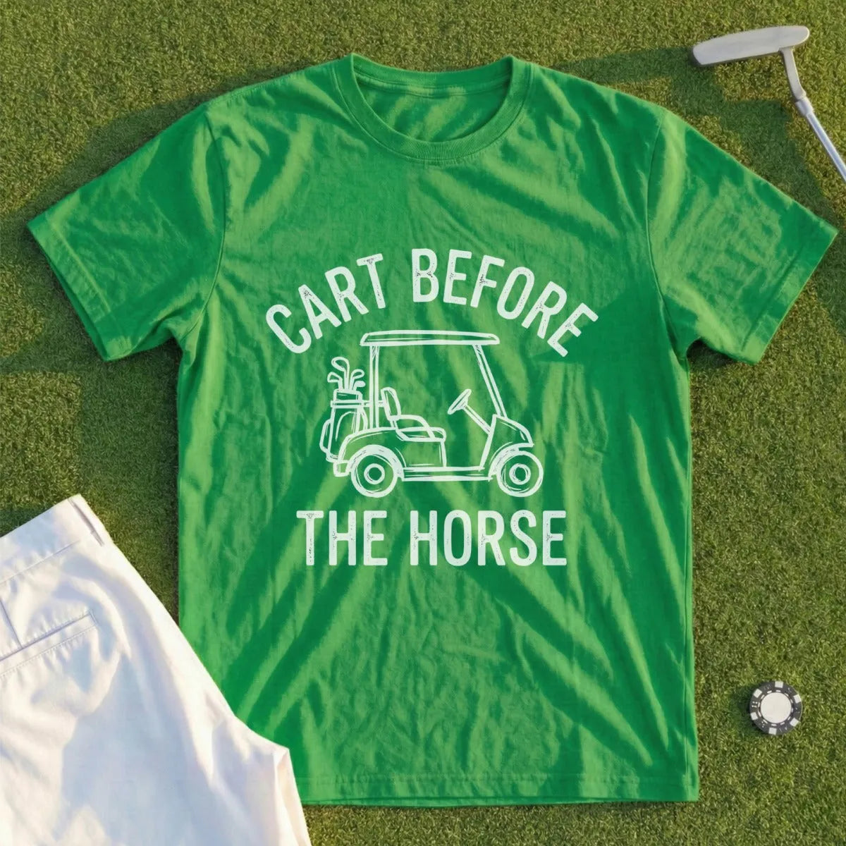 Green t-shirt with "Cart Before the Horse" text and golf cart graphic.