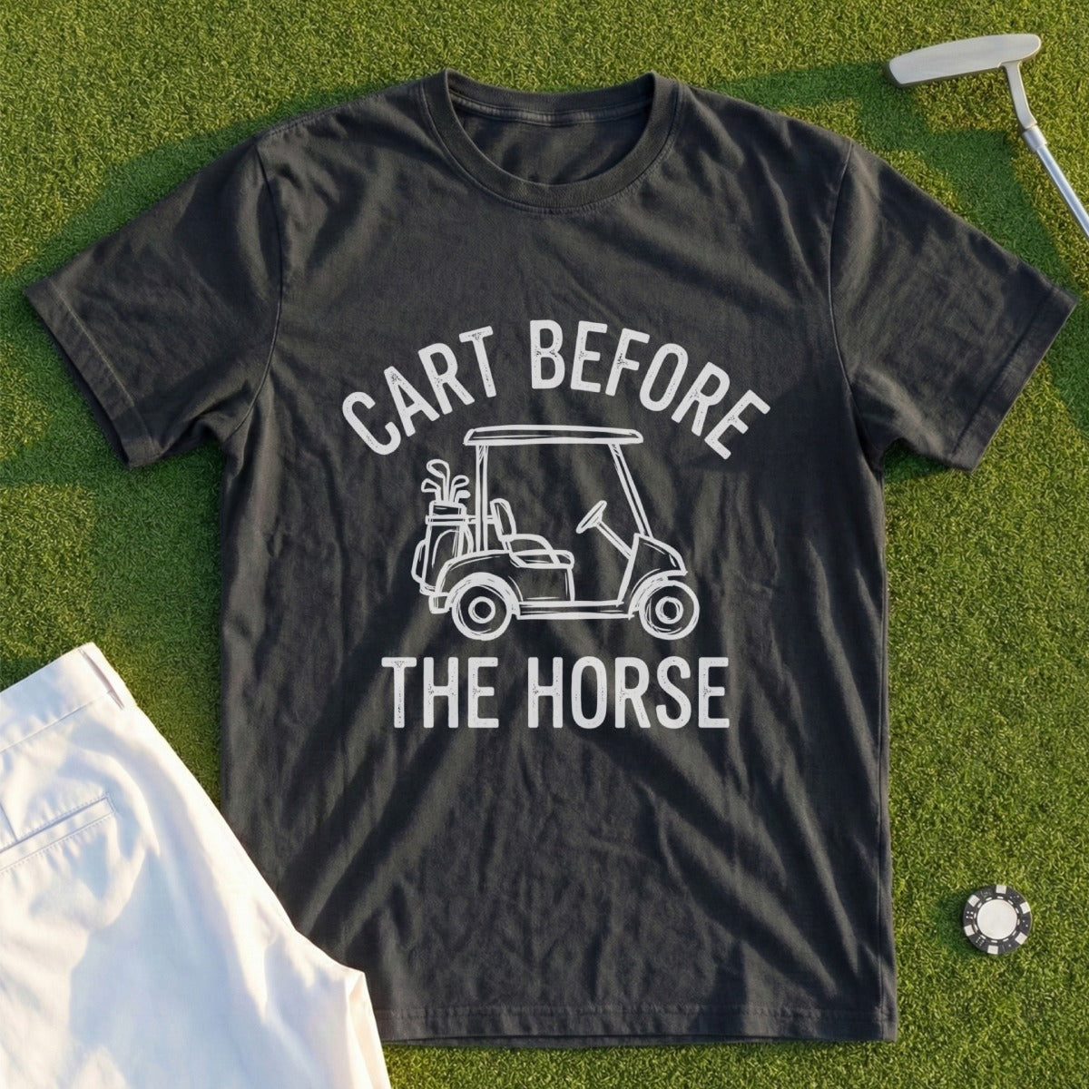 Dark grey t-shirt with "Cart Before The Horse" golf cart graphic.