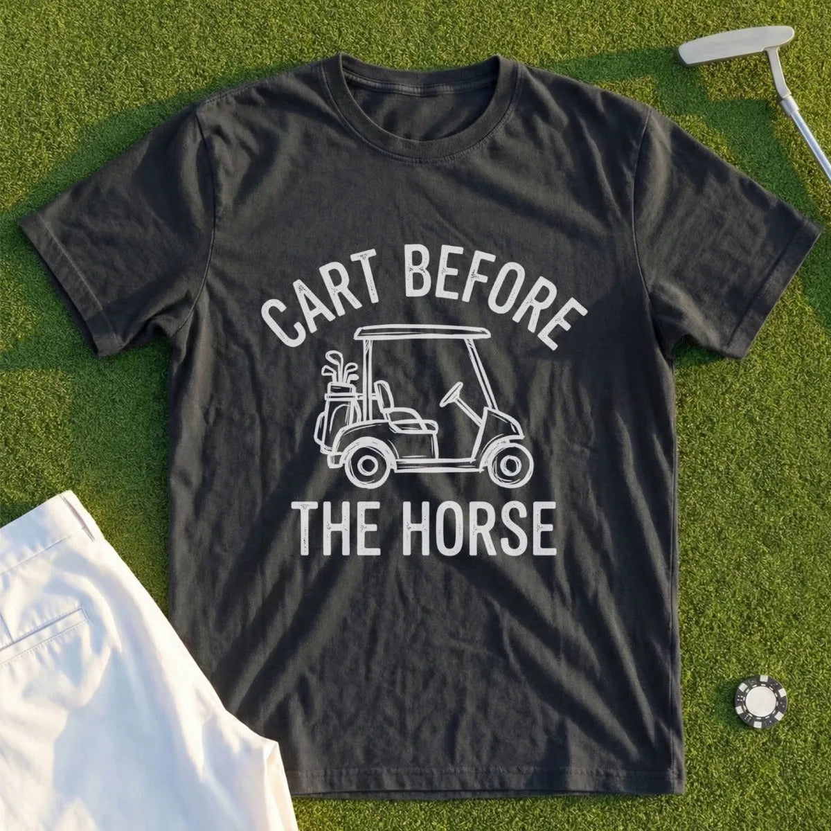 Dark grey t-shirt with "Cart Before The Horse" golf cart graphic.