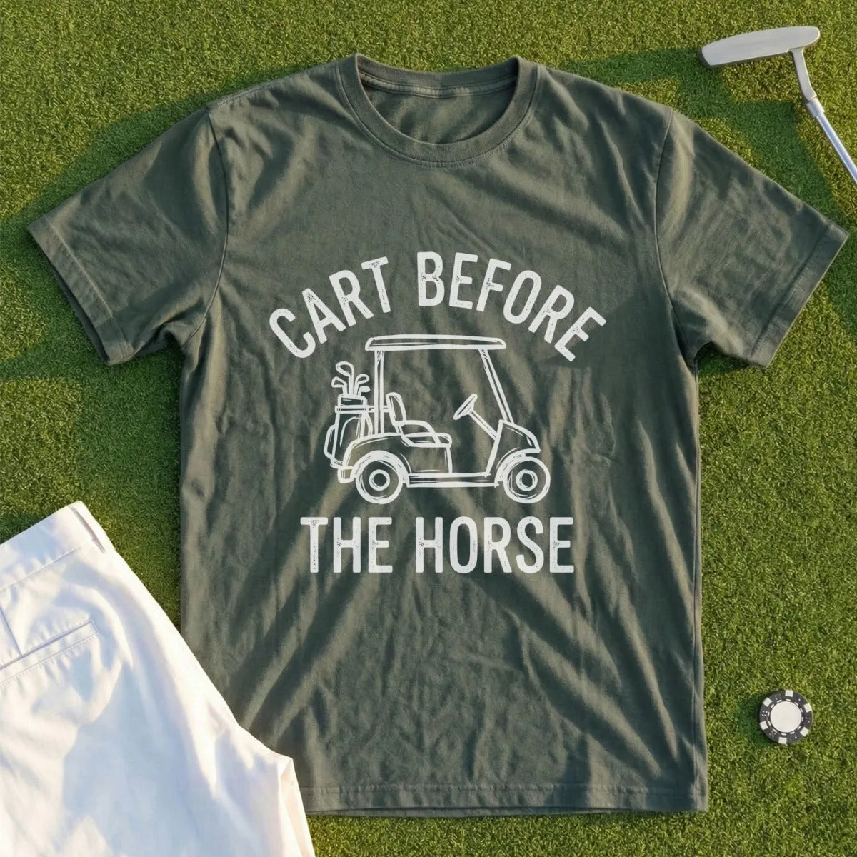 Green t-shirt with "Cart Before The Horse" text and golf cart graphic.