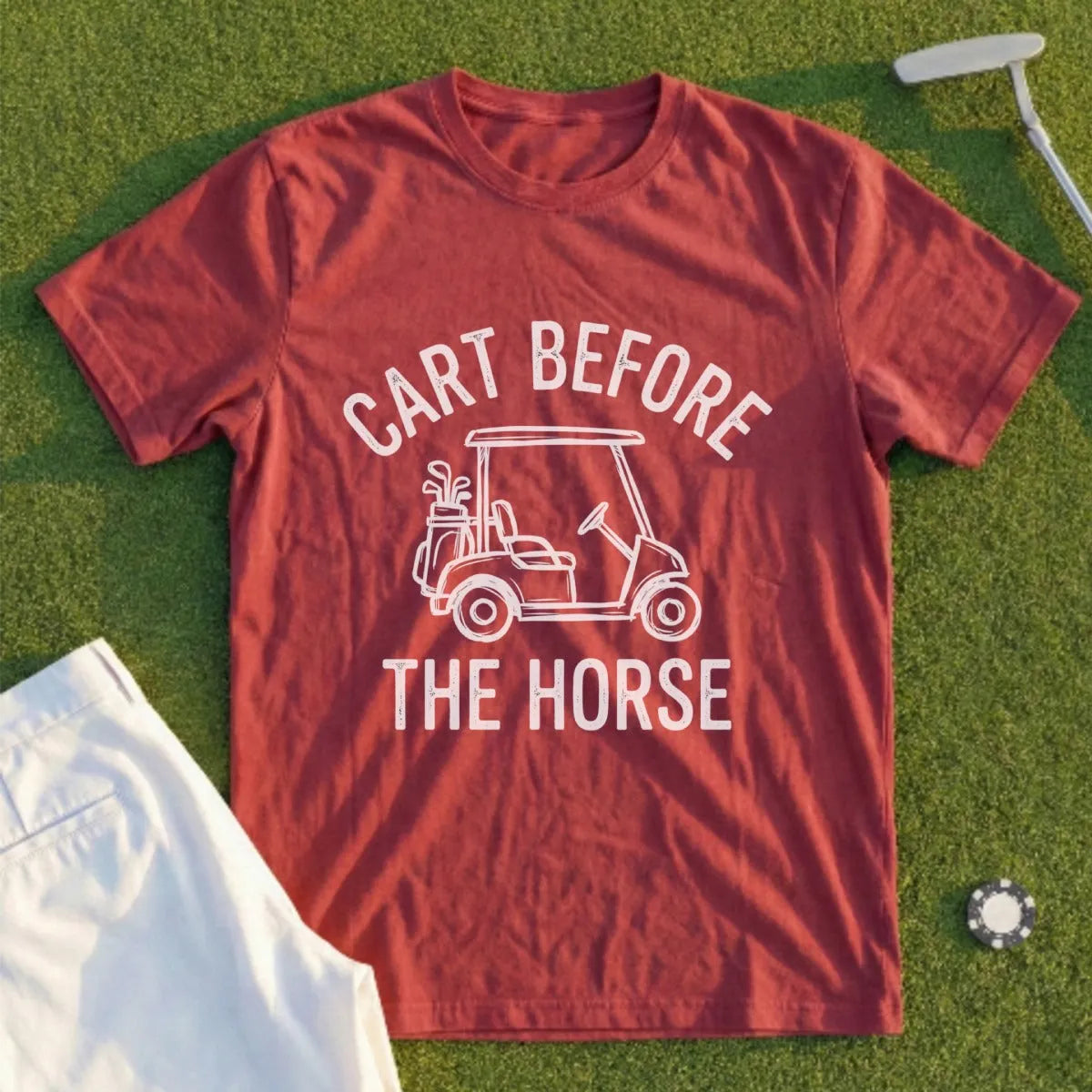 Red t-shirt with "Cart Before the Horse" text and golf cart graphic.