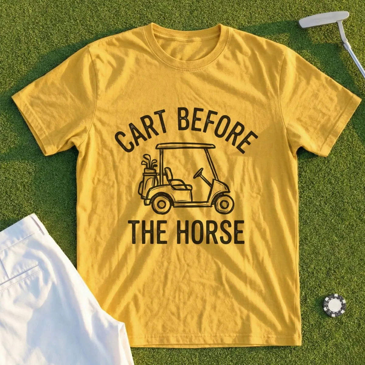 Yellow t-shirt with "Cart Before the Horse" and golf cart graphic.