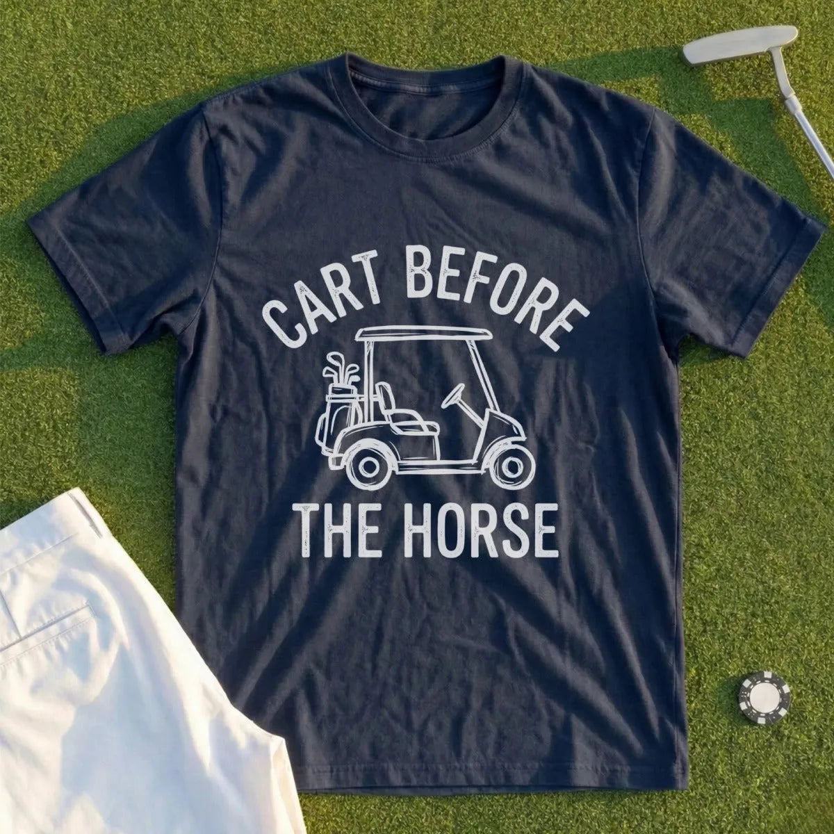 Navy t-shirt with "Cart Before the Horse" text and golf cart graphic.