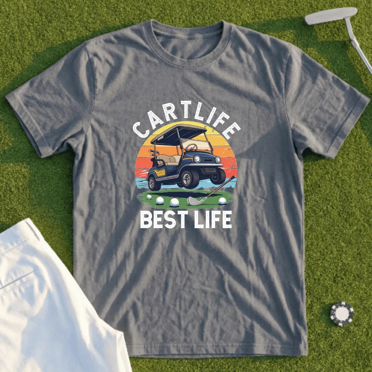 Golf cart graphic with "Cartlife Best Life" text on gray t-shirt.