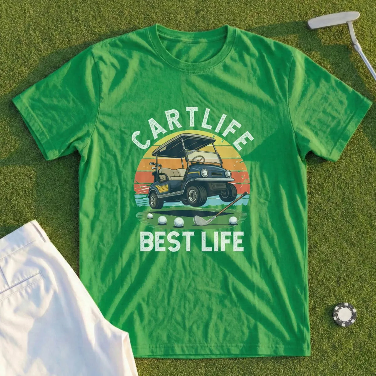 Green t-shirt with golf cart, golf club, balls, and text "CARTLIFE BEST LIFE".