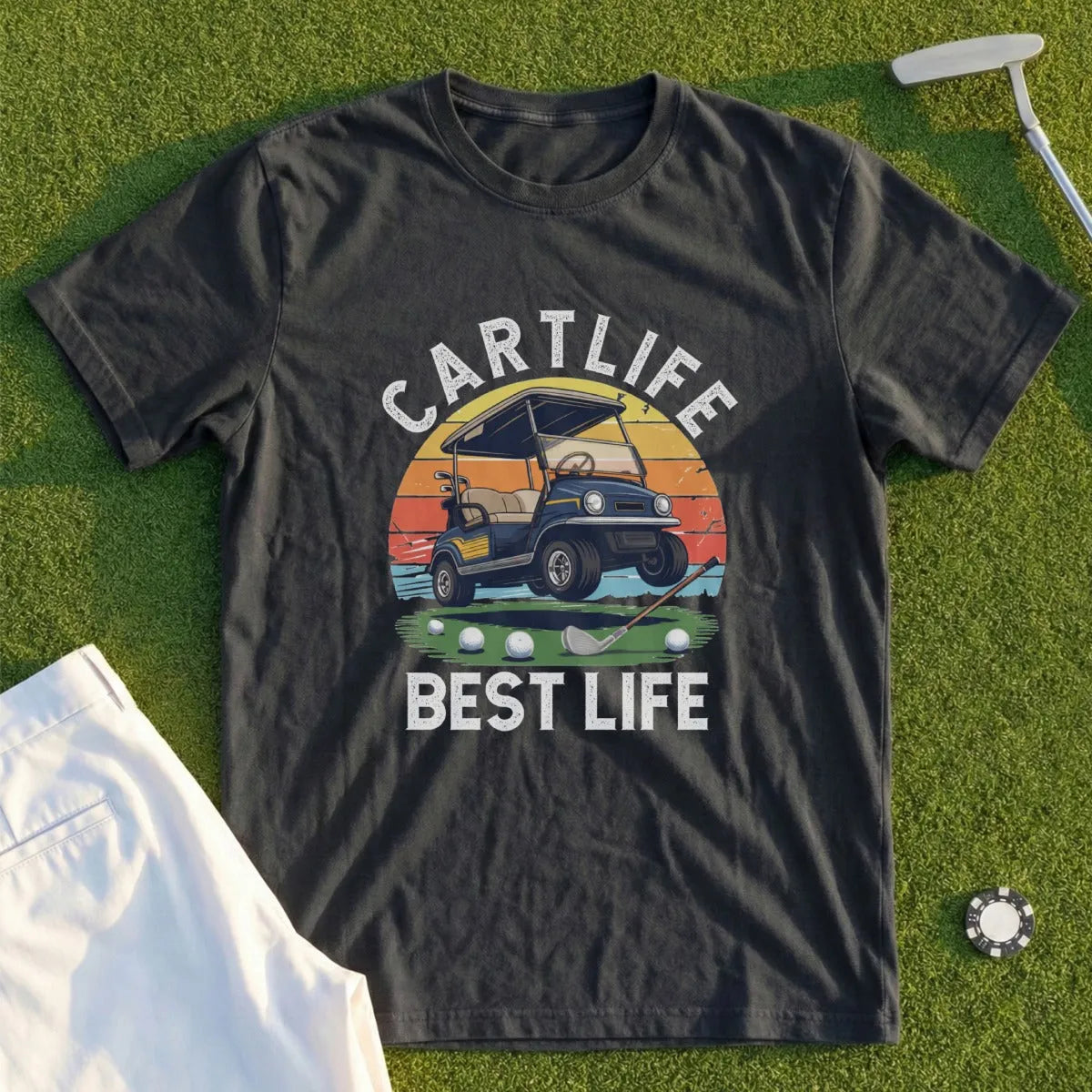 Golf cart graphic with "Cartlife Best Life" text on a black t-shirt.