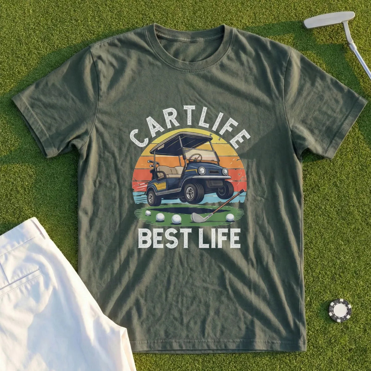 Green t-shirt with "Cartlife Best Life" text and a golf cart at sunset.