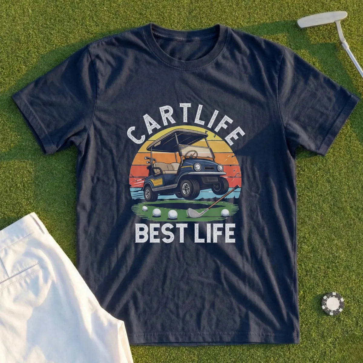 Navy t-shirt with "Cartlife Best Life" text and golf cart graphic.