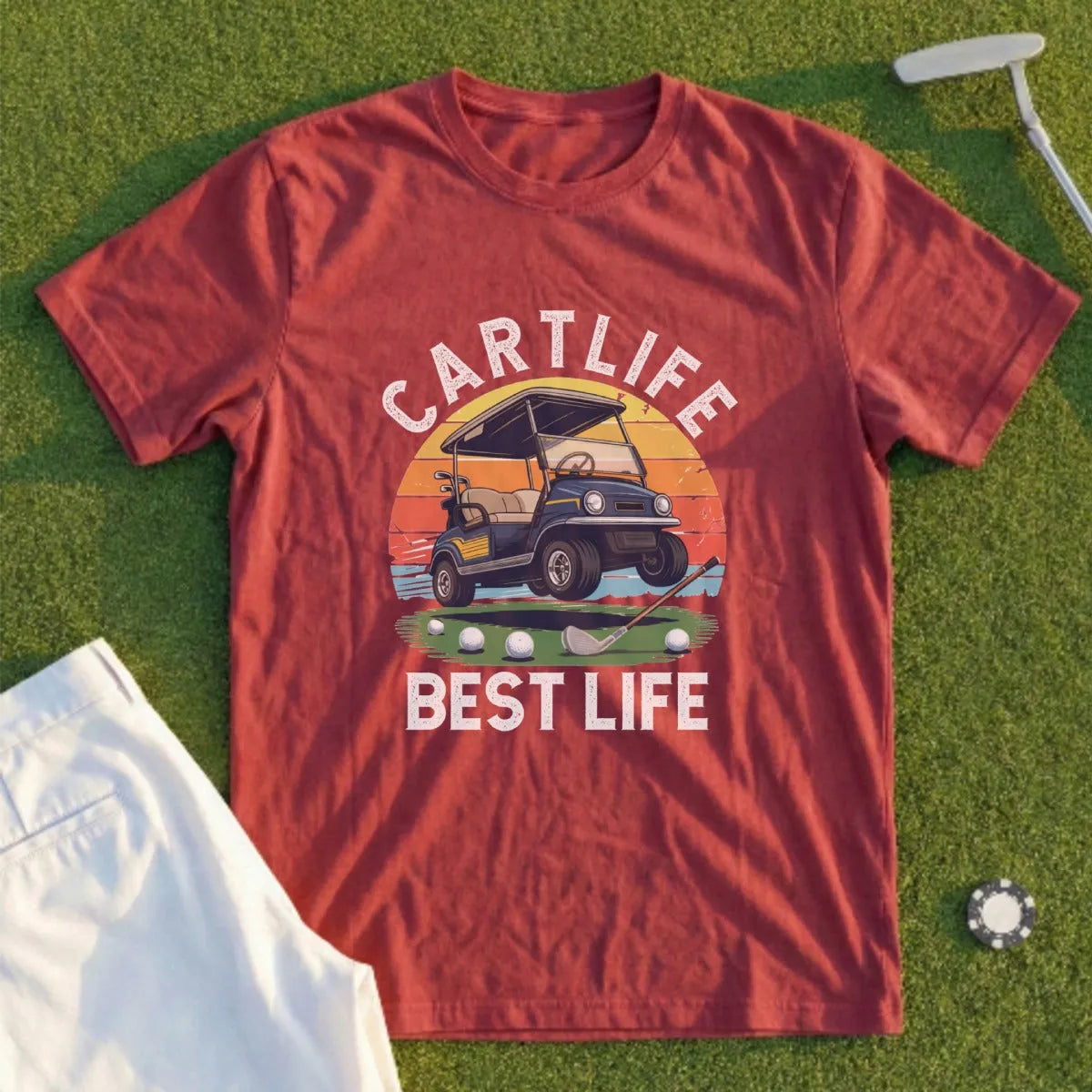 T-shirt with "Cartlife Best Life" text and a golf cart on a sunset background.