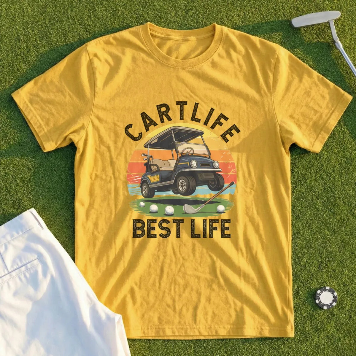 Yellow t-shirt with "Cartlife Best Life" text and a golf cart graphic.