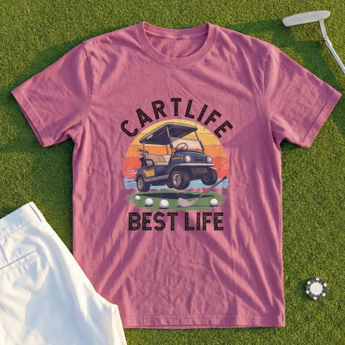 Maroon t-shirt with "CARTLIFE BEST LIFE" text, golf cart, golf club, and balls on grass.
