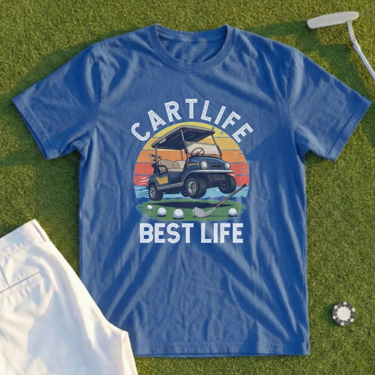 Blue t-shirt with "Cartlife Best Life" text and golf cart sunset graphic.