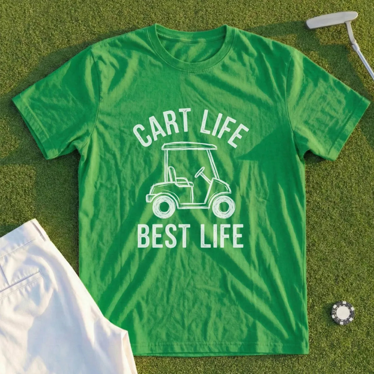 Green t-shirt with "Cart Life Best Life" text and golf cart graphic.