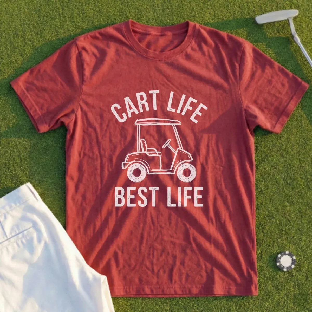 Maroon t-shirt with "CART LIFE BEST LIFE" text and golf cart graphic.