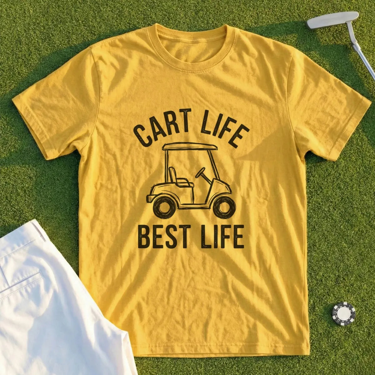 Yellow t-shirt with "Cart Life Best Life" text and golf cart illustration.