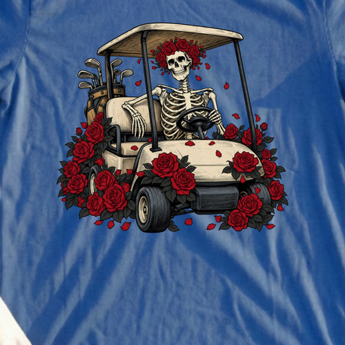 Cart Of The Departed Tee, print close-up on Royal