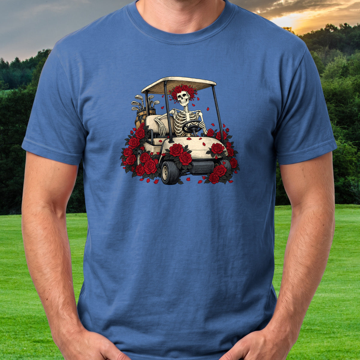 Cart Of The Departed Tee worn on the golf course, Royal