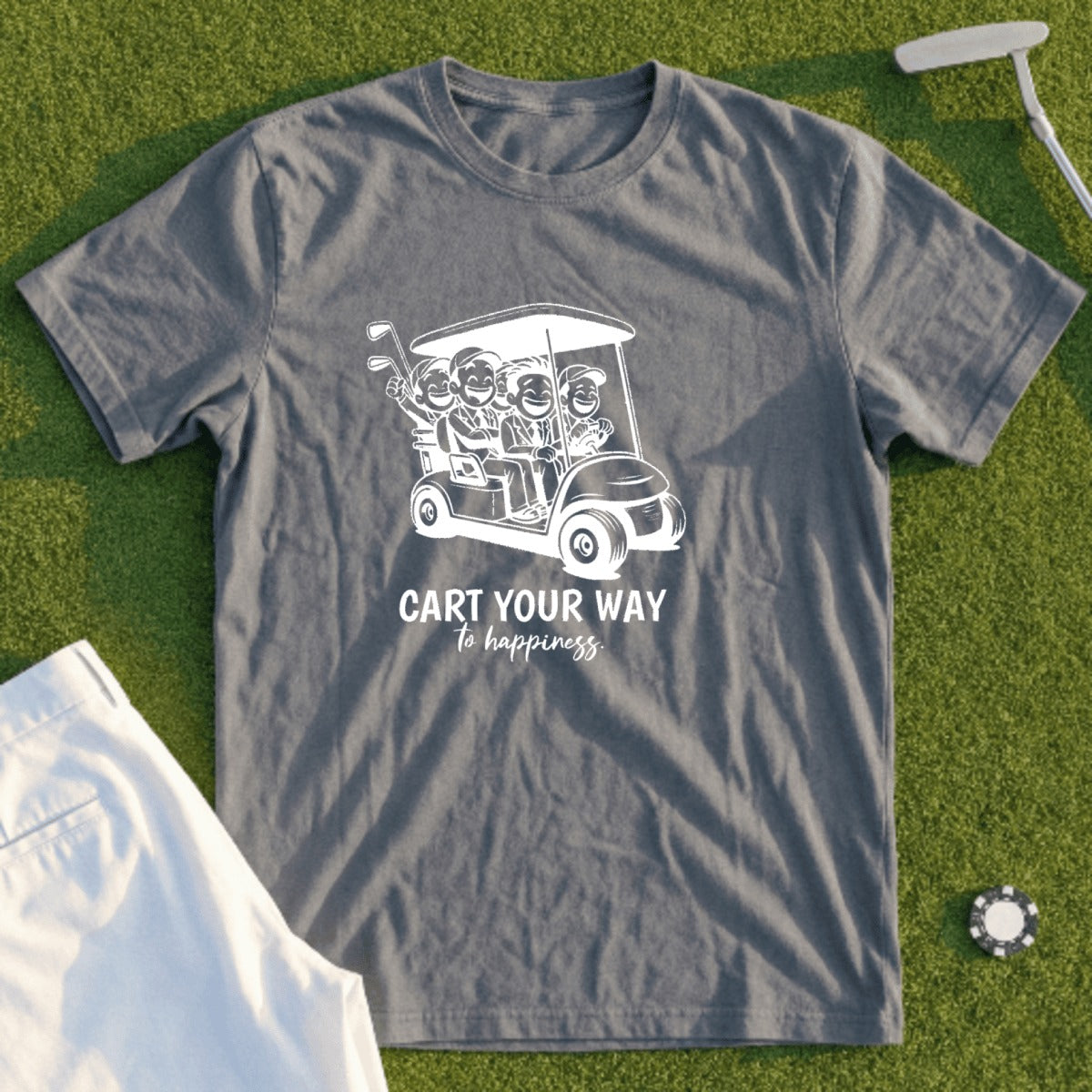 Gray t-shirt with cartoon golfers in a cart, "Cart Your Way to Happiness."