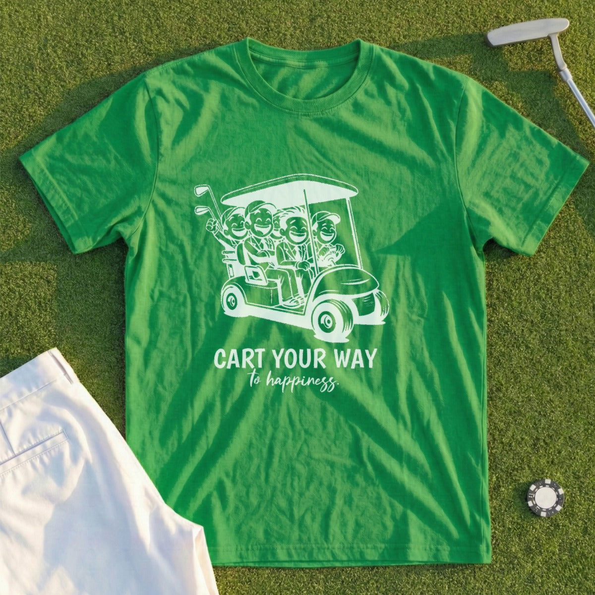 Green t-shirt with "Cart Your Way to Happiness" text and cartoon golf cart.