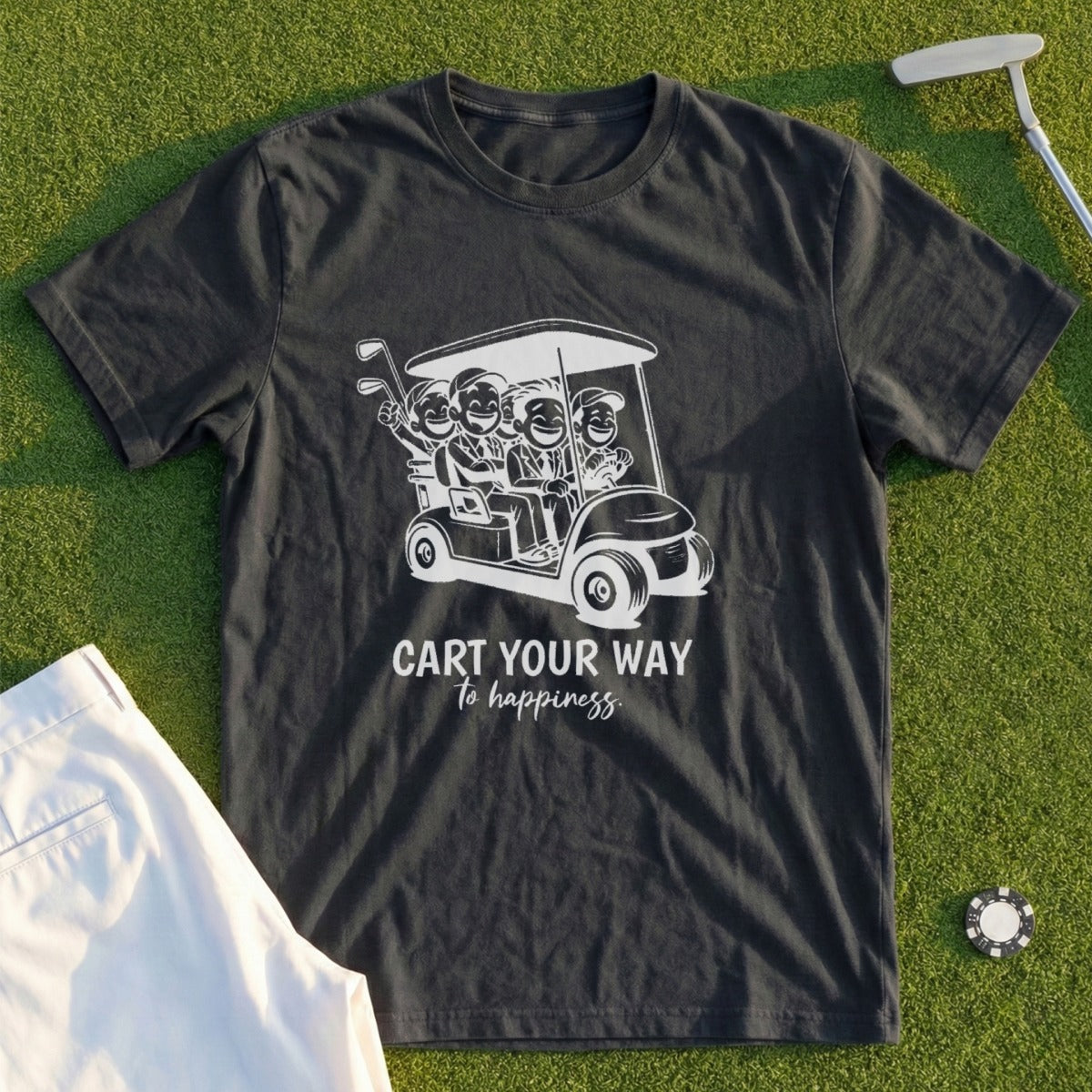 T-shirt with a cartoon golf cart and people, reads "Cart Your Way to Happiness".