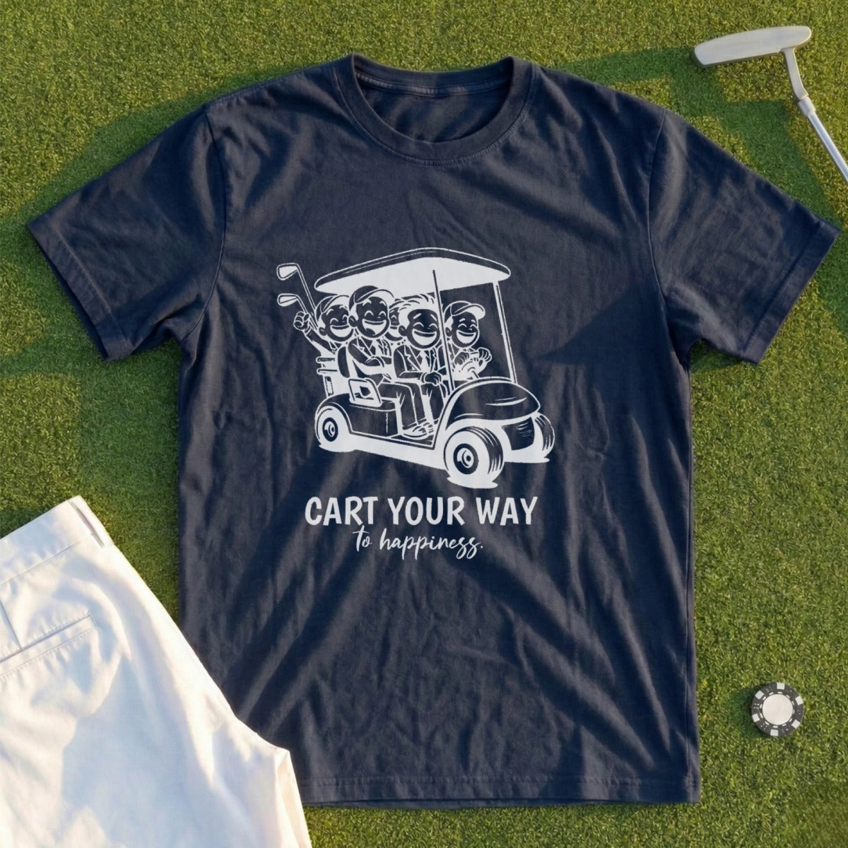 Navy t-shirt with cartoon golfers in a cart and text "CART YOUR WAY to happiness".