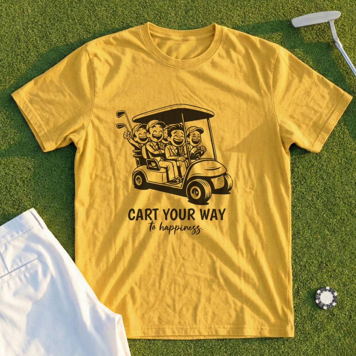 Yellow t-shirt with graphic of people in a golf cart, reads "Cart Your Way to Happiness."