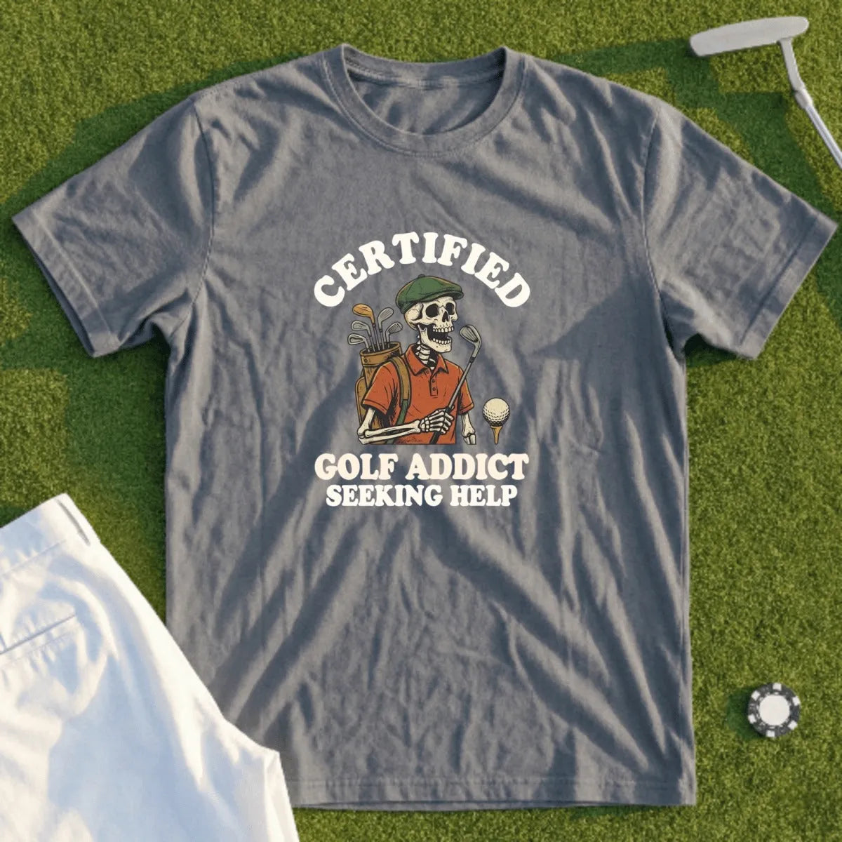 Gray t-shirt with skeleton golfer graphic and text "Certified Golf Addict Seeking Help".